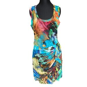 Elana Kattan Abstract Multi Color Mesh Ruffle Sleeveless Dress Art to Wear Boho
